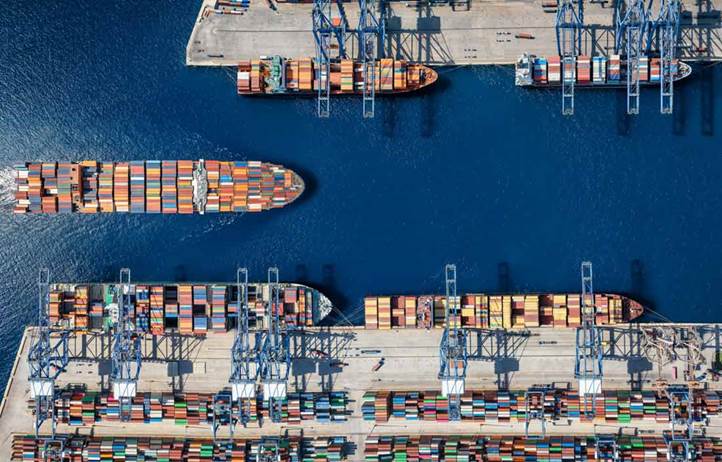 Aerial view of shipping containers.