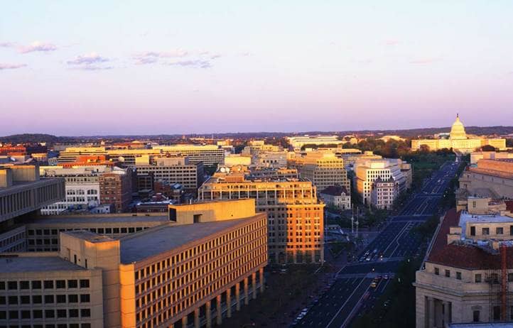 Aerial view of city buildings.