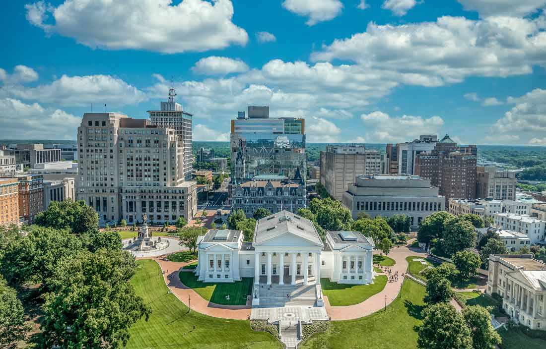 Aerial view of White House and construction around D.C.