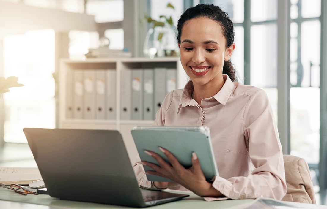 Business professional reviewing their notes.