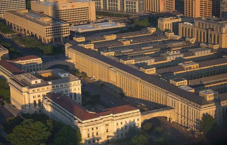 Aerial view of buildings.