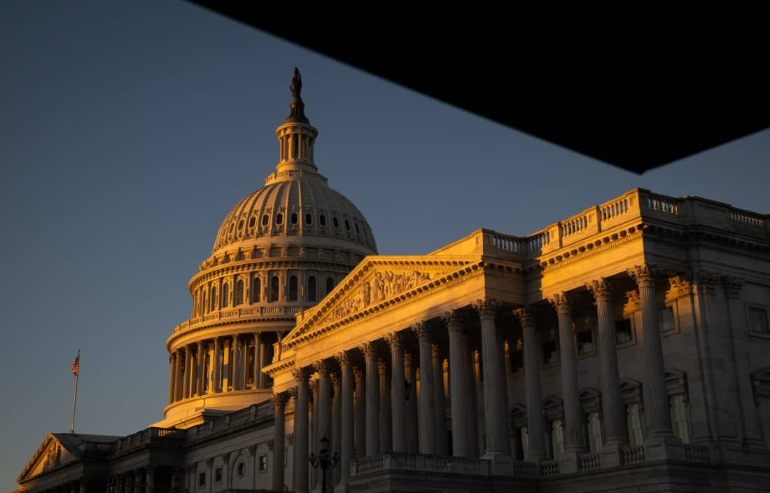 The U.S. Capitol in Washington D.C. at dusk.