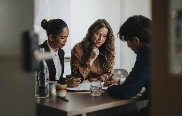 Business and healthcare professionals in a meeting.