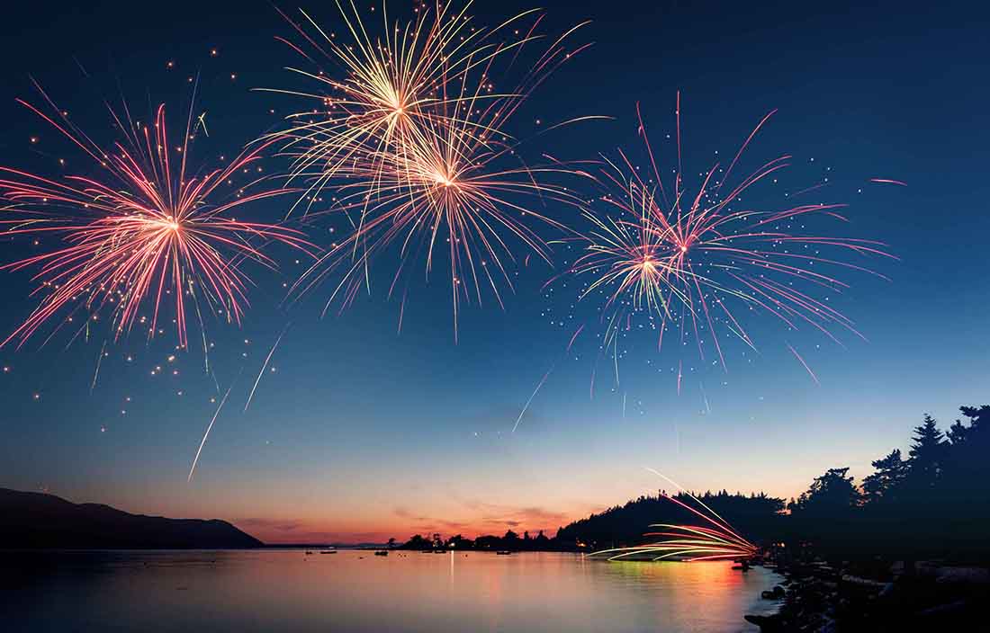 Fireworks over a lake