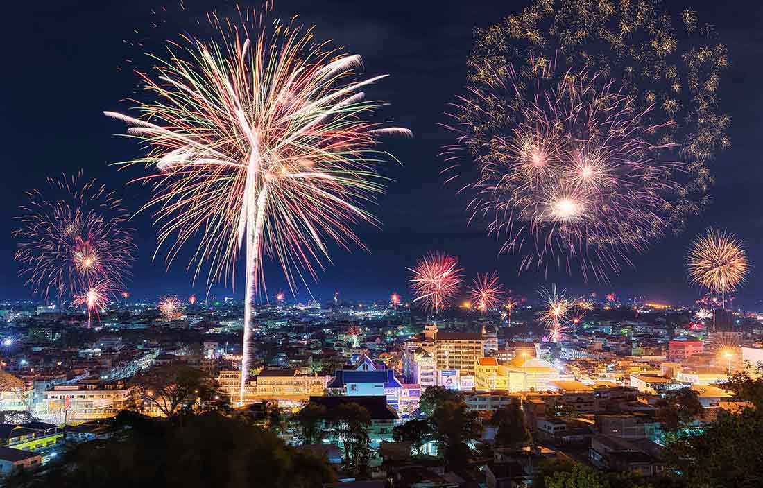 Fireworks exploding over a downtown city area.