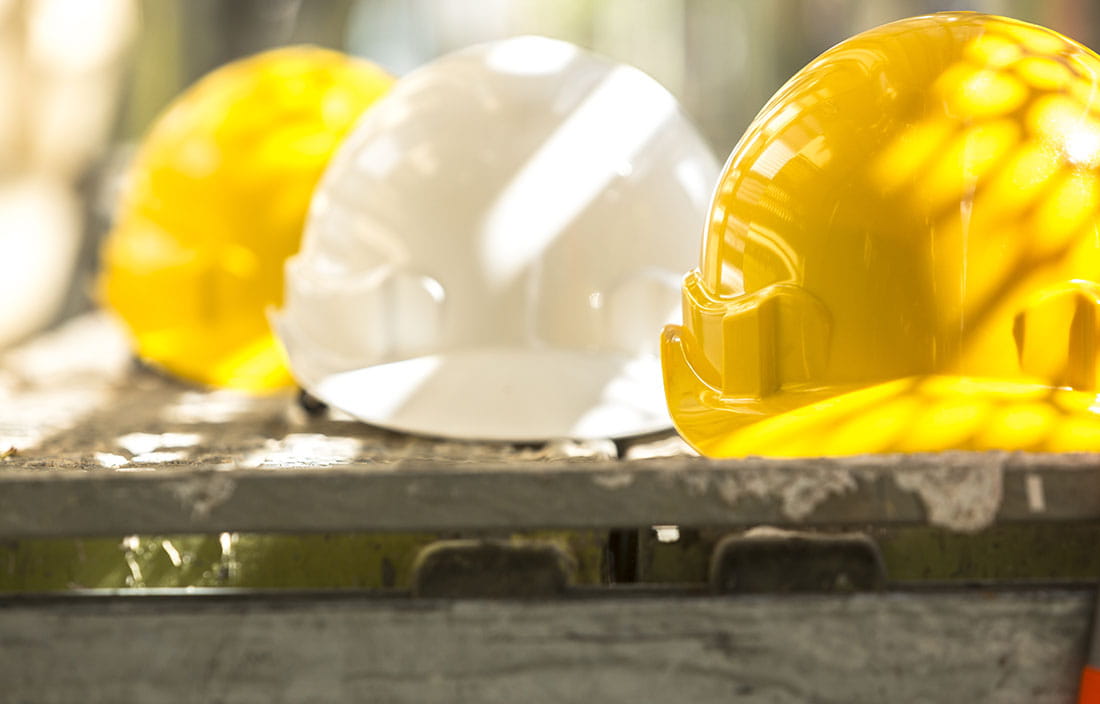 Close-up photo of construction safety helmets
