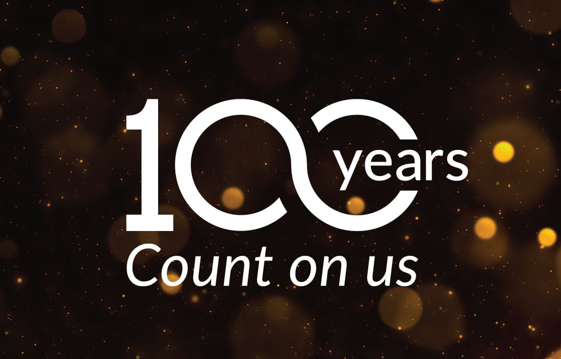 Plante Moran centennial celebration image, reading "100 years, Count on us".