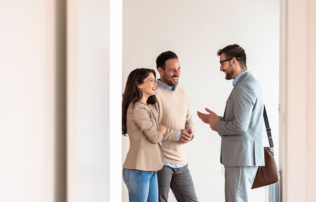 Business professionals in conversation.