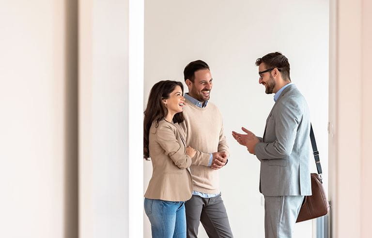 Business professionals in conversation.