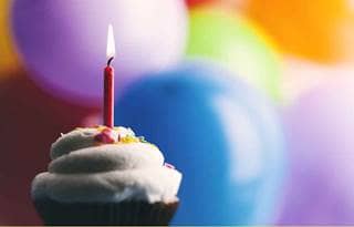 Cupcake and colorful balloons.