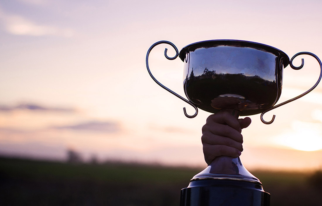 Hand holding trophy at dusk