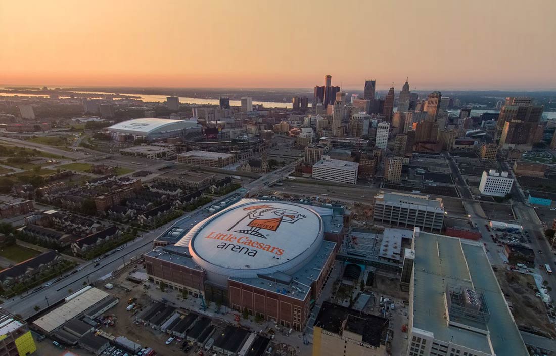 Aerial photo of Little Caesars Arena, the new home of the Detroit Red Wings and the Detroit Pistons, and Detroit, Michigan, skyline