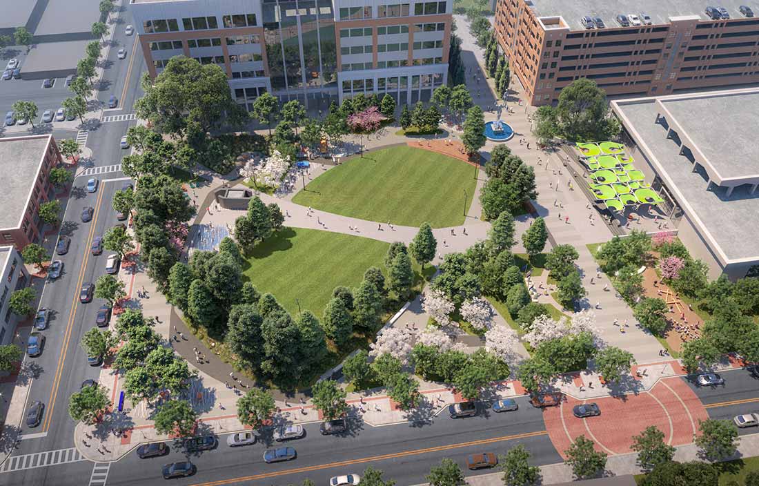 Aerial view of Centennial Commons park in Royal Oak, MI, part of the public-private partnership development that completed in 2019