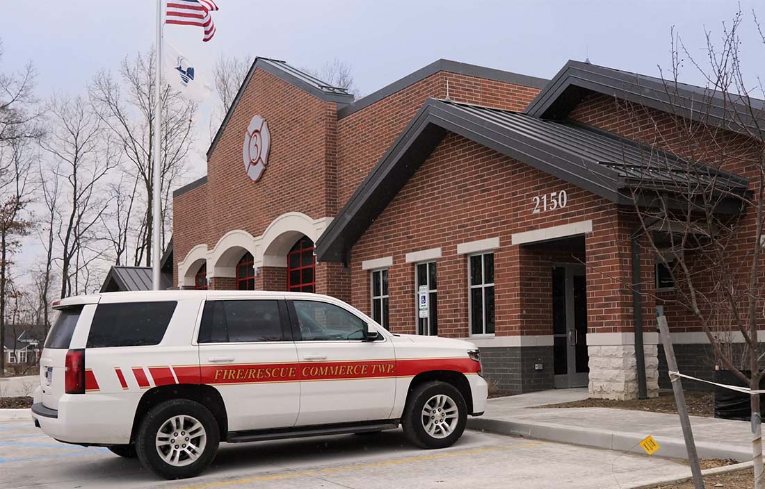 Commerce Township Fire Station 3 exterior entrance and rescue vehicle