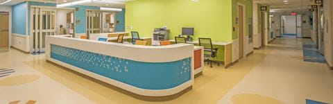 Nurse's station and hallways in DMC Children's Hospital of Michigan.