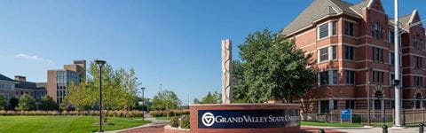 Grand Valley State University campus and main sign.