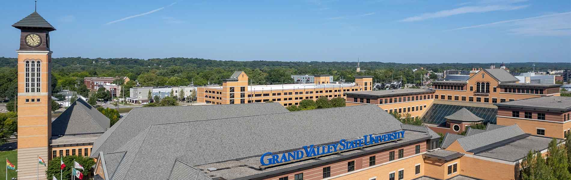 Aerial view of Grand Valley State University clock tower and buildings.