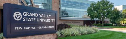 Grand Valley State University Pew Campus - Grand Rapids sign.