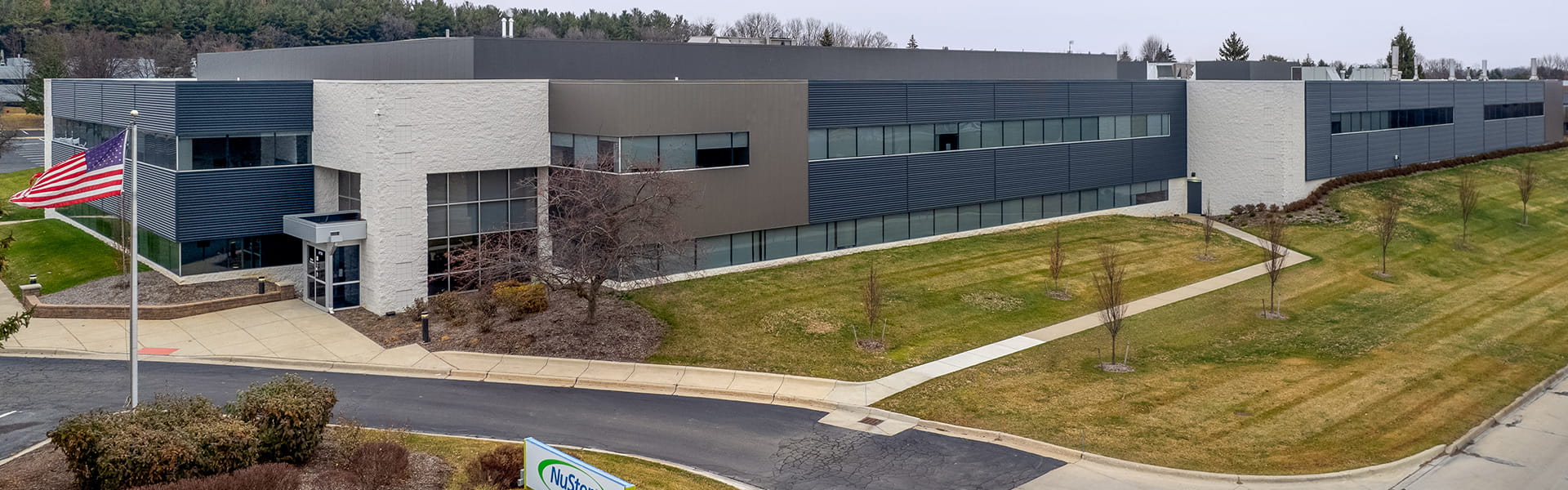 Partial aerial view of NuStep's building.