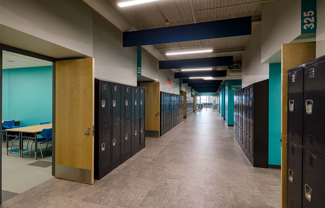 Photo of GRPS Southwest Side High School Classroom Wing Hallway, a capital project completed as part of the 2015 $175 million bond program with help from K12 owner's representative Plante Moran Cresa