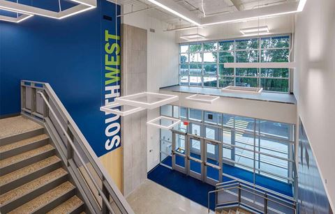Photo of GRPS Southwest Side High School Entrance, a capital project completed as part of the 2015 $175 million bond program with help from K12 owner's representative Plante Moran Cresa