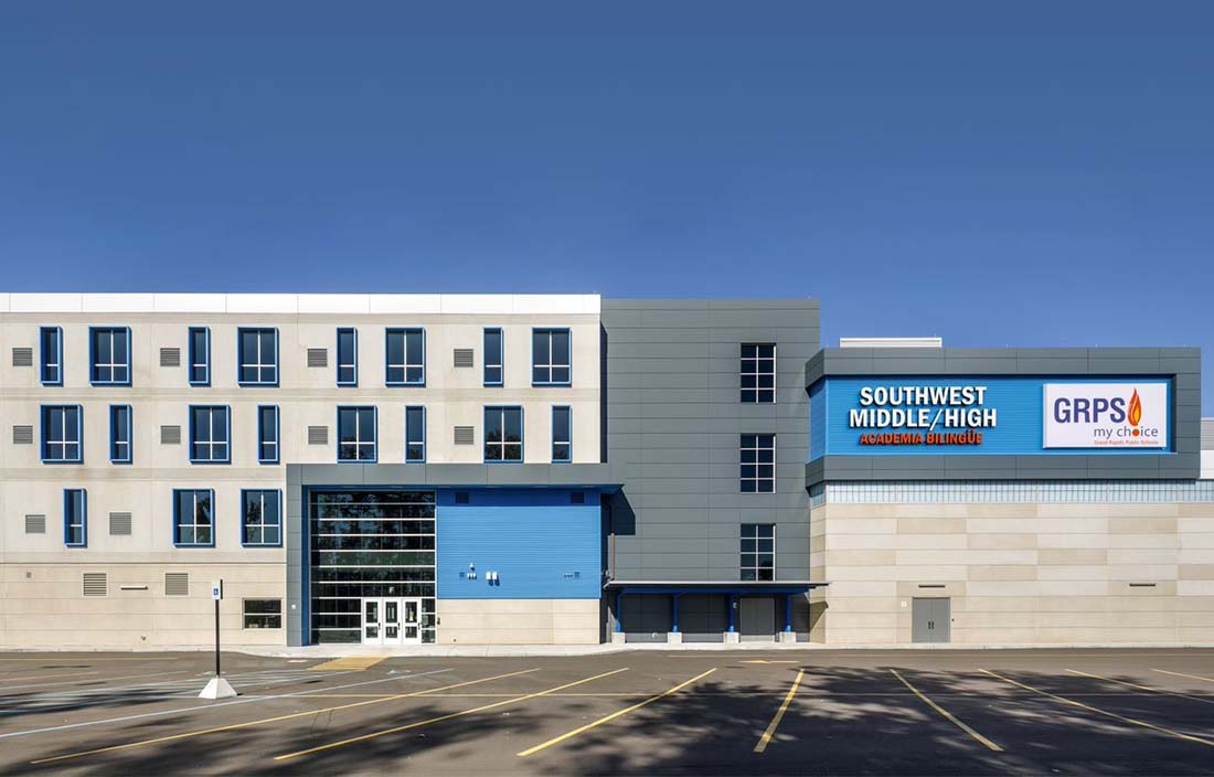 Photo of GRPS Southwest Side High School Front of Building, a capital project completed as part of the 2015 $175 million bond program with help from K12 owner's representative Plante Moran Cresa