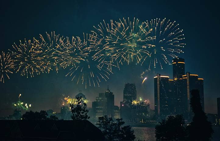 Fireworks above a city skyline