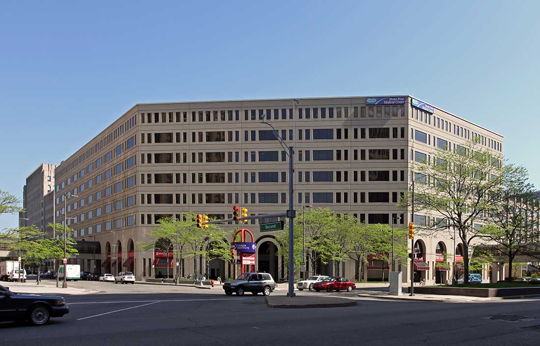 Photo of New Center One building in Detroit, Michigan, USA, from across the street on a nice day