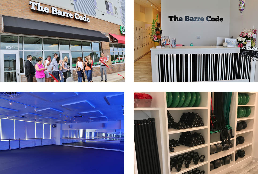 Four photos of The Barre Code's new location, one of the ribbon cutting and three of the interior (the reception desk, studio, and storage)