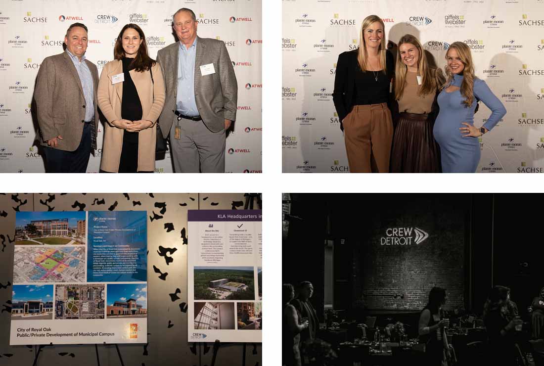 Four photos from the 2022 CREW Detroit Impact Awards ceremony. Top/left: Andy Fountain, Kristin Mixon, Chris Becker. Top/right: Tori Manix, Samantha Wild, unknown lady. Bottom/left: boards with award-winning project case studies . Bottom/right: black and whie image of the award ceremony venue.