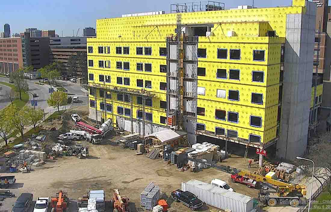 Aerial view of new Children's Hospital of Michigan in Detroit construction (part of the Detroit Medical Center)