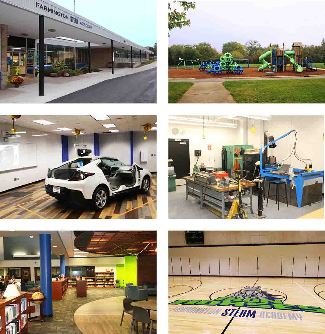 6 photos of Farmington Public Schools STEAM Academy: exterior, playground, mechanical shops, library, and gym