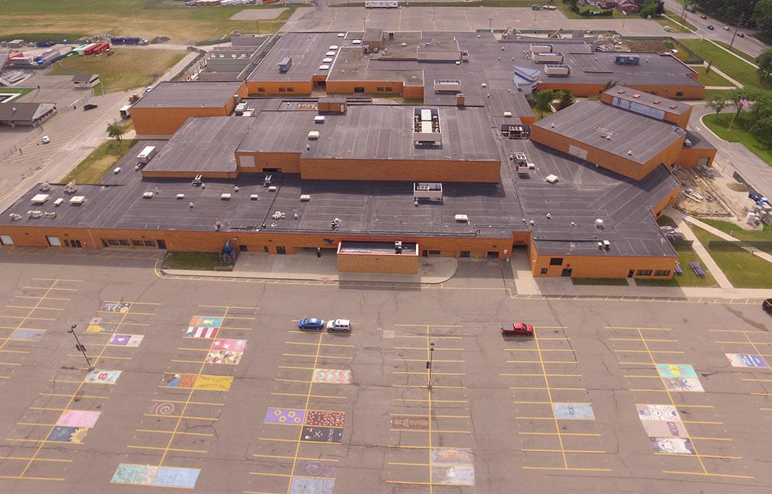 Aerial view of Woodhaven High School's bond projects in Woodhaven-Brownstown School District in Michigan.