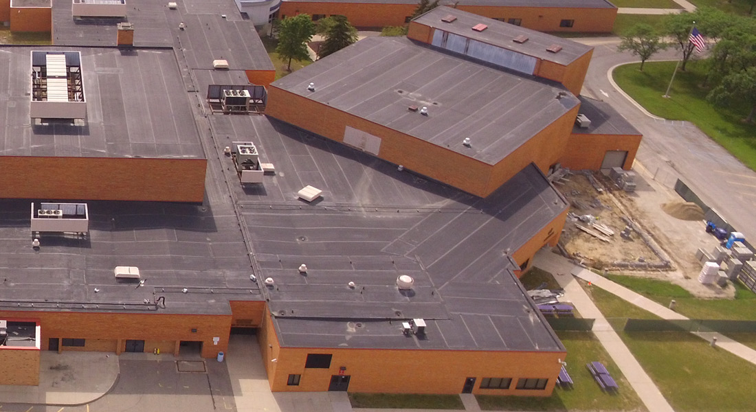 Aerial view of Woodhaven-Brownstown School District's Woodhaven High School's black box addition construction in Woodhaven, Michigan.