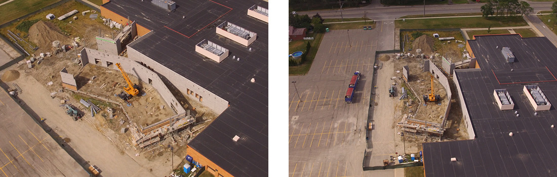 Aerial view of Woodhaven-Brownstown School District's Woodhaven High School's new main office construction in Woodhaven, Michigan.