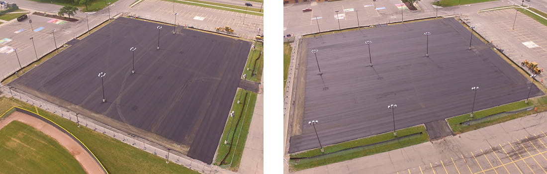 Aerial view of Woodhaven-Brownstown School District's Woodhaven High School's tennis court construction in Woodhaven, Michigan.