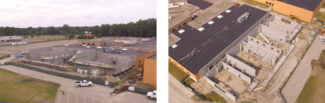Aerial view of Woodhaven-Brownstown School District's Woodhaven High School's vocational wing construction in Woodhaven, Michigan.