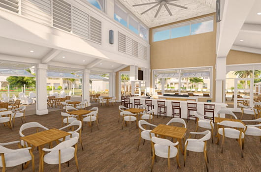 Mock-up of senior living dining area with high ceilings and a garage door that opens up to outdoor seating