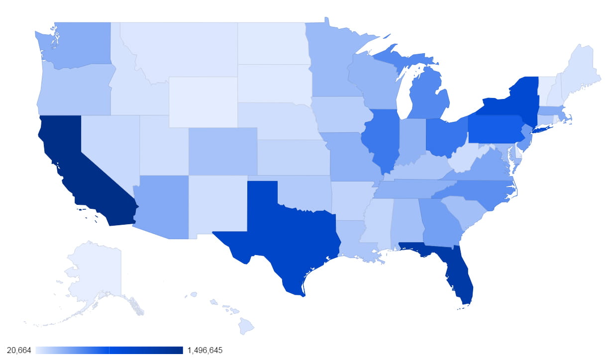 Map of the United States by color showing the distribution of households age 75 and older