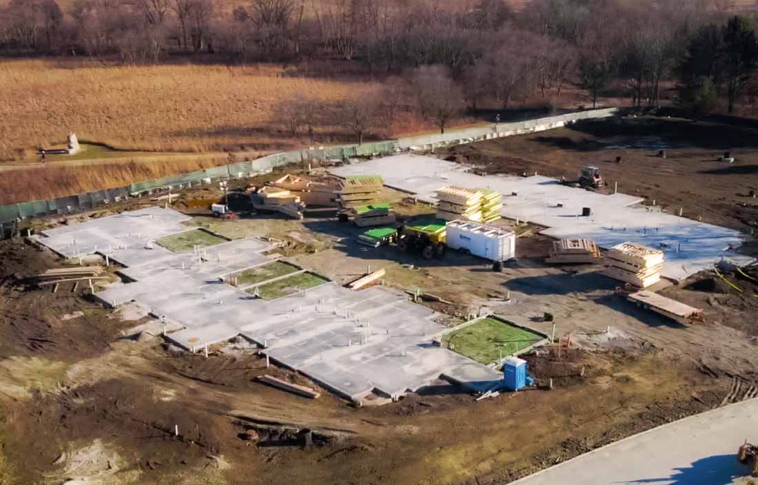 Clark-Lindsey Village phase 1’s villa construction, as seen from a drone, in the fall of 2021 throughout the winter