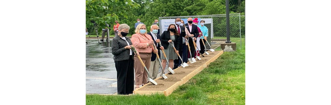 Phase 2 Madonna Manor groundbreaking crew, including CHI Living Communities CEO Aaron Webb, Madonna Manor resident Ralph O’Brien, Bishop Father Foys from the Diocese of Covington, and other organization members.