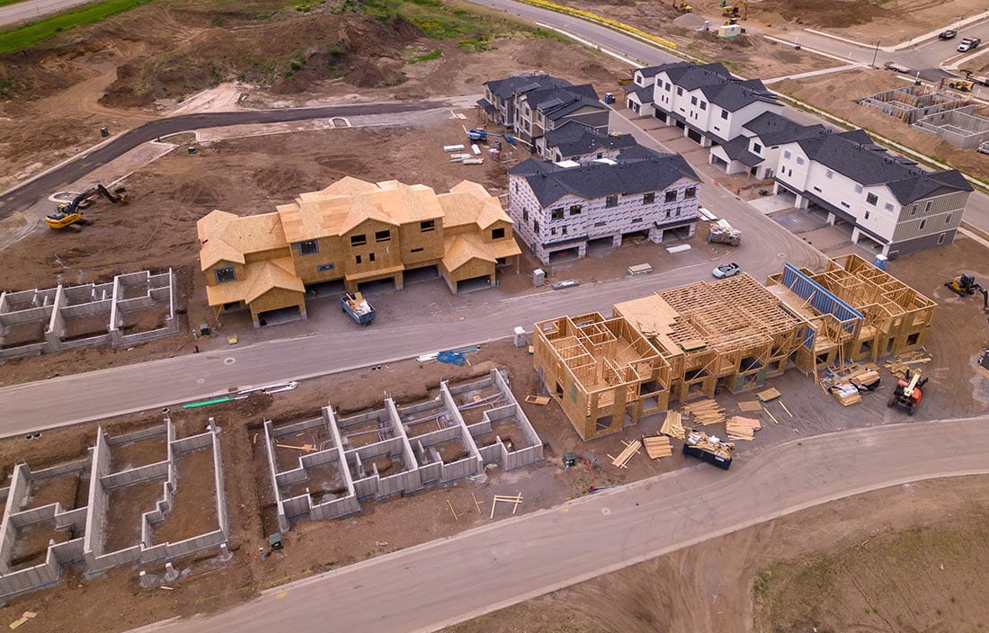 Aerial stock photo of a new senior housing development is being built on a greenfield site