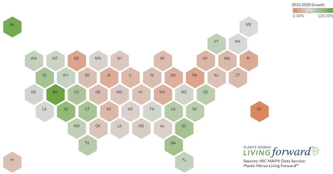 Hexagon map of United States colored so that states with higher growth rate of age 85+ household are green and fading to orange for those that have lower growth rates