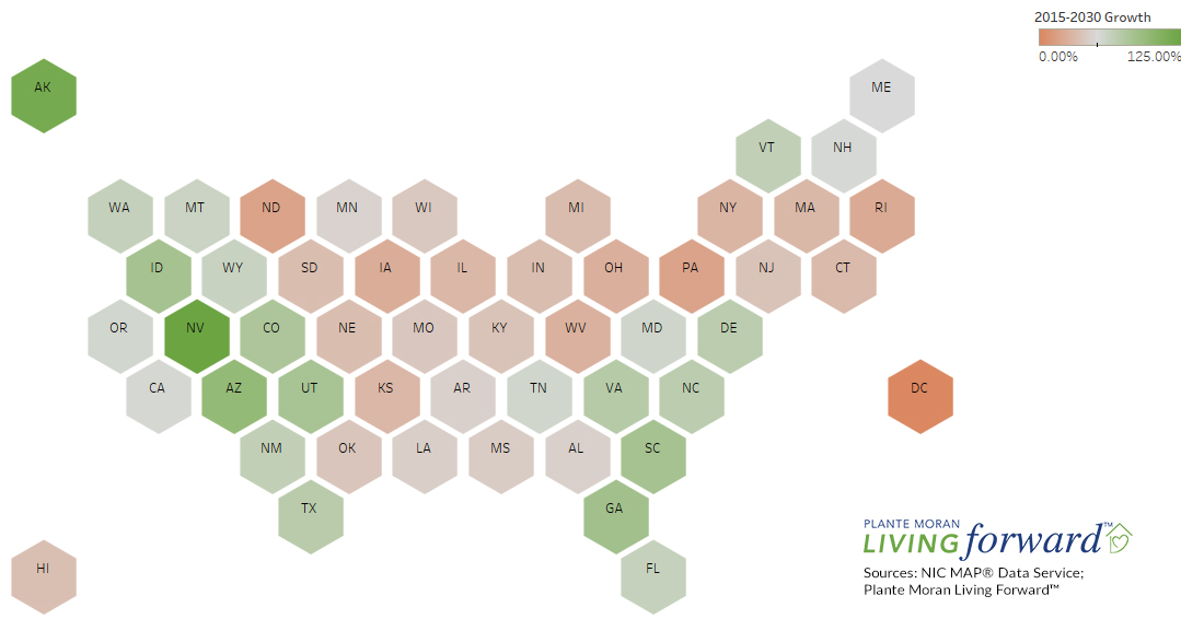 Hexagon map of United States colored so that states with higher growth rate of age 85+ household are green and fading to orange for those that have lower growth rates