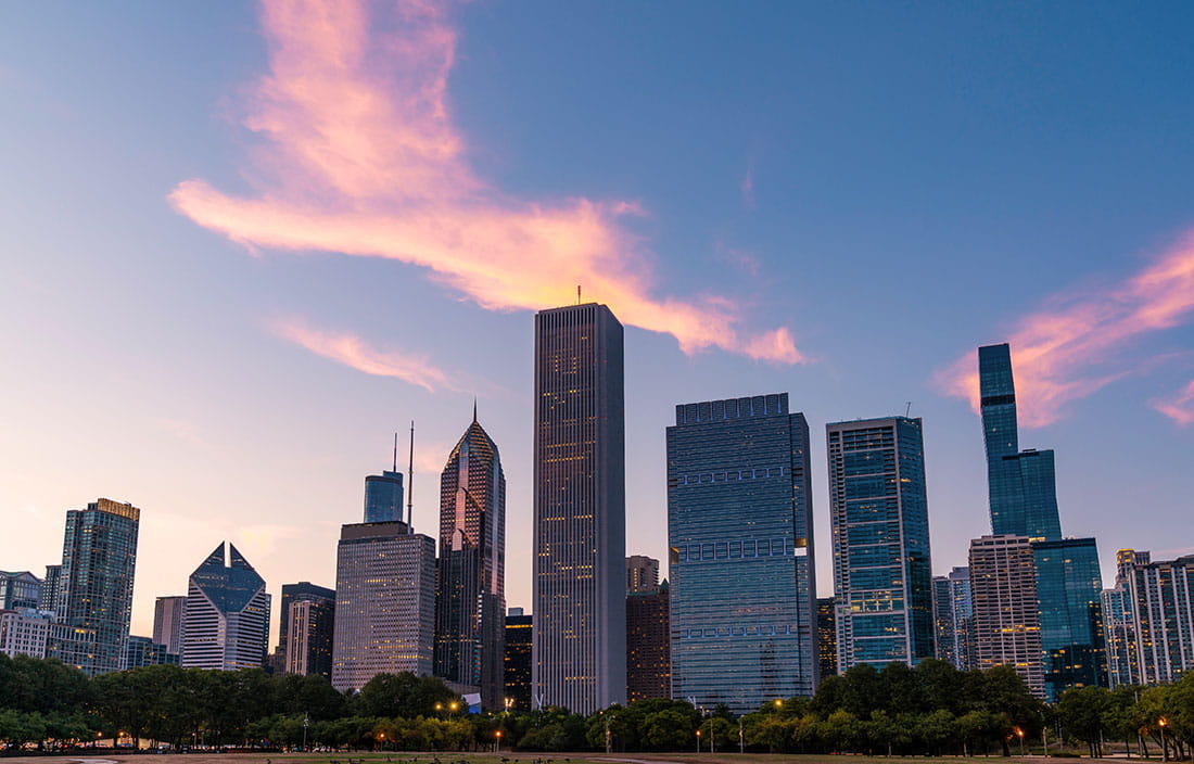 Chicago, IL, skyline at sunset
