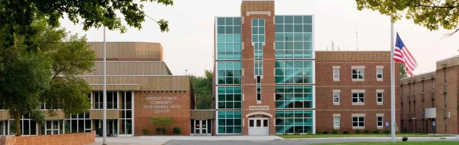 Exterior of school building at Grosse Pointe Public School System in Michigan, USA