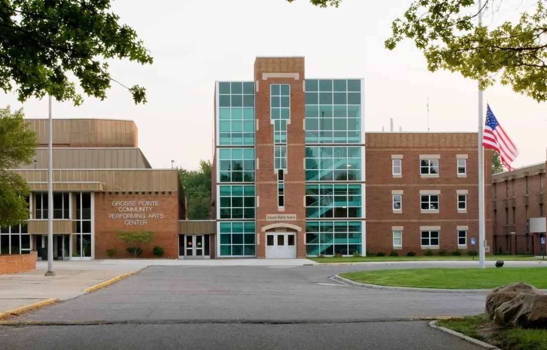 Exterior of school building at Grosse Pointe Public School System in Michigan, USA