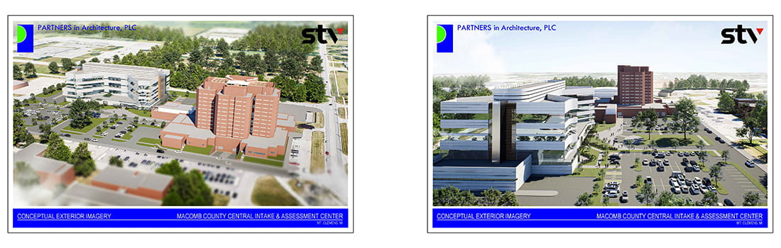 Macomb County Central Intake & Assessment Center exterior renderings, Partners in Architecture, STV