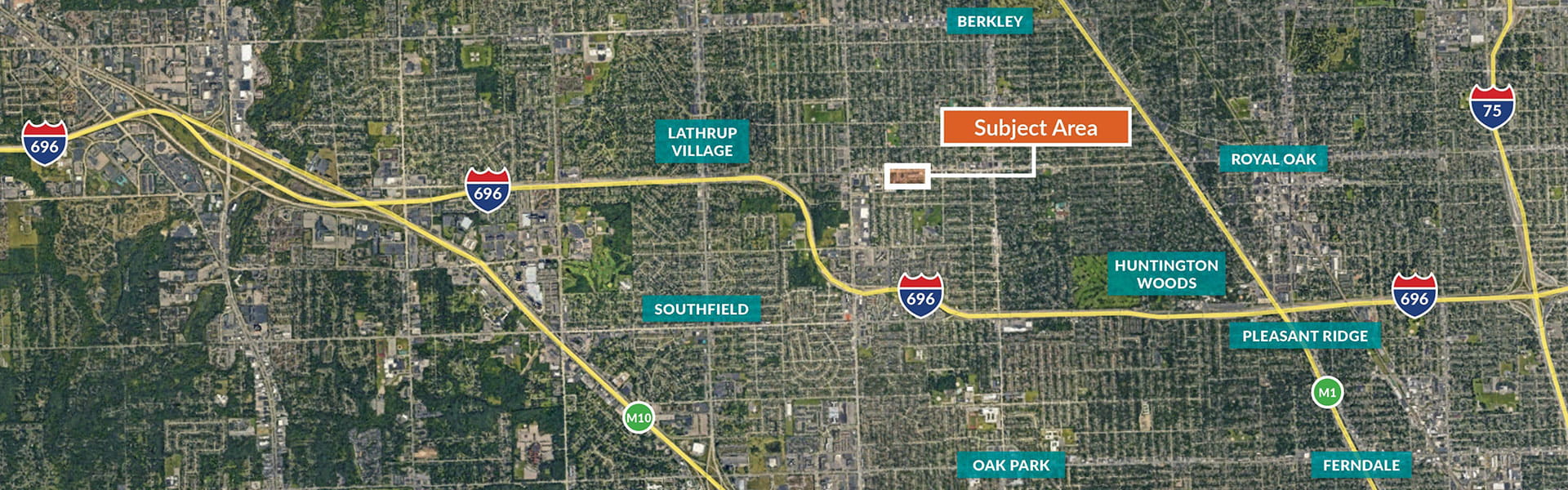 Topigraphical map of Oak Park, MI, USA, development site in relation to major cities