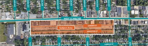Subject area for real estate development along 11 Mile Road in Oak Park, MI, USA